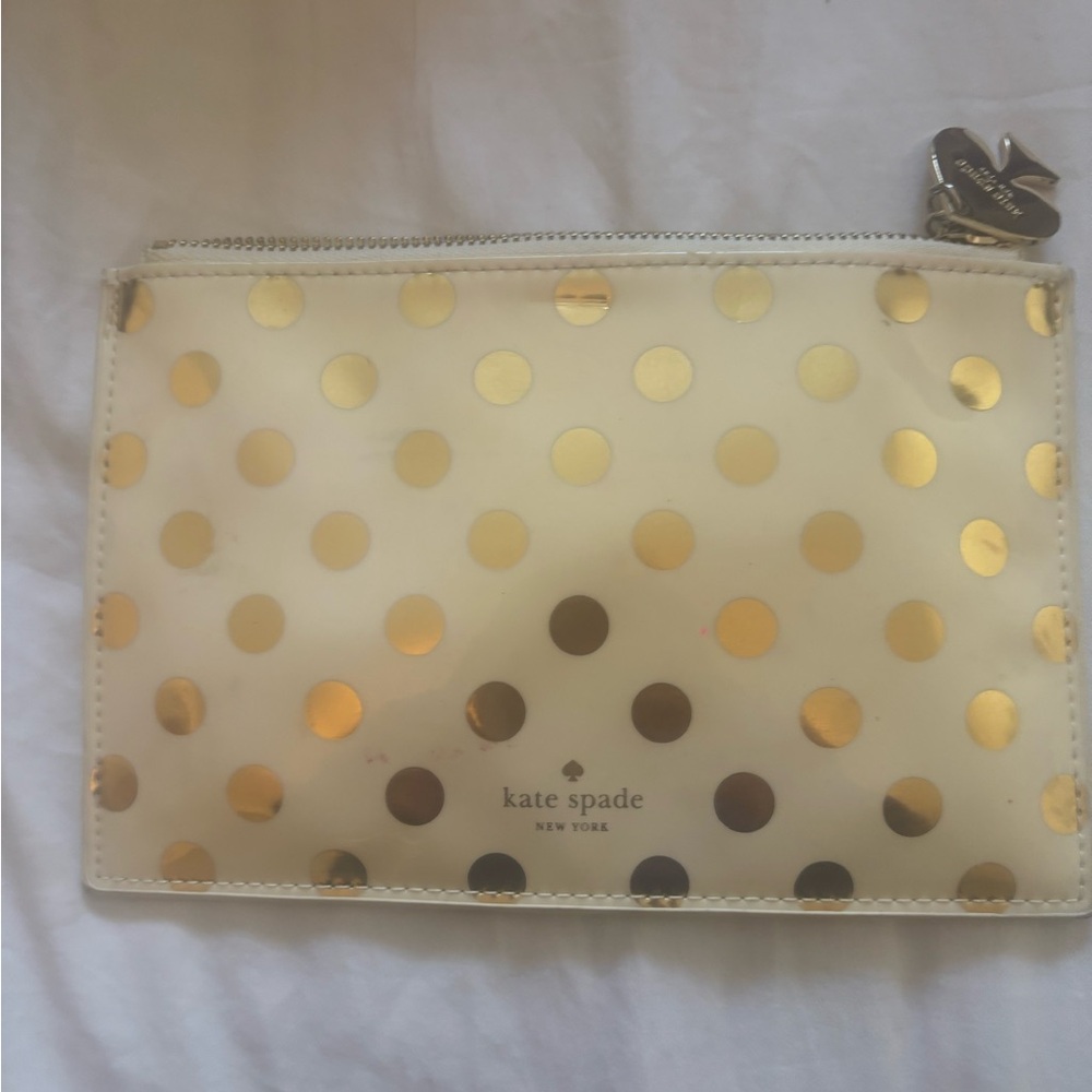 kate spade Cream and Gold Polka Dot Zip Pouch with Spade Charm